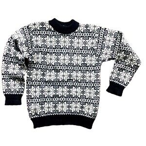 Vintage Western Isles Wool SKI Sweater Hand Knit Jumper Nordic Black Snowflake S